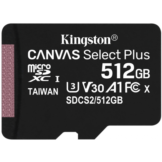 Kingston 512GB Canvas Select Plus Micro SD (SDXC) Card U3, V30, A1, 100MB/s R, 85MB/s W
