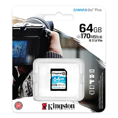 Kingston 64GB Canvas Go Plus SD (SDXC) Card U3, V30, 170MB/s R, 70MB/s W