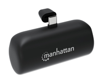 Manhattan Power Bank with integrated USB-C plug, 5000 mAh, Up to 10W output, Kickstand for Use as Charging Phone Holder, Black