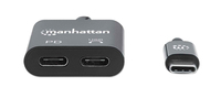 Manhattan USB-C to USB-C Audio Adapter and USB-C (inc Power Delivery) (Clearance Pricing), Black, 480 Mbps (USB 2.0), Cable 11cm, With Power Delivery to USB-C Port (60W), Three Year Warranty, Retail Box