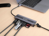 Manhattan USB-C Dock/Hub with Card Reader, Ports (x5): Ethernet, HDMI, USB-A (x2) and USB-C, With Power Delivery (87W) to USB-C Port (Note add USB-C wall charger and USB-C cable needed), All Ports can be used at the same time