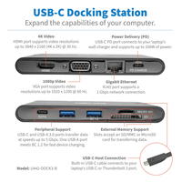 Tripp Lite U442-DOCK3-B USB-C Dock - 4K HDMI, VGA, USB 3.2 Gen 1, USB-A/C Hub, Gigabit Ethernet, Memory Card Slots, 100W PD Charging